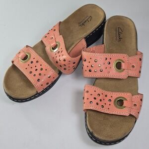 Clarks Bendables Women Coral Leather Perforated Slide Sandals Wedge‎ Heel 11M